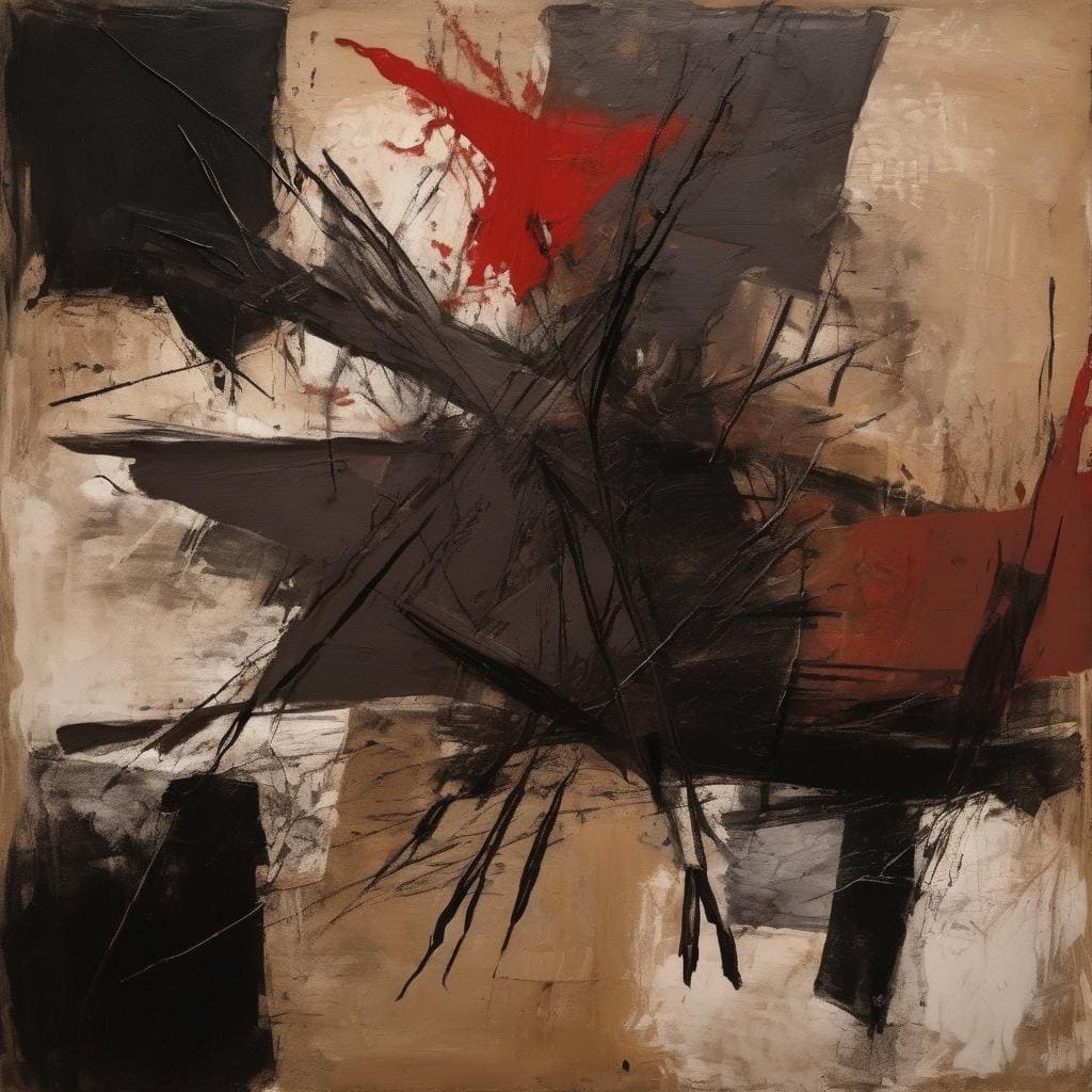 Αντιθέσεις χρωμάτων και σχήματα σε αφηρημένη ελαιογραφία, αναδεικνύοντας τη σιωπή ως εικαστικό στοιχείο και την έκφραση μέσω αφηρημένης τέχνης, με έντονες γραμμές και αντίθετες αποχρώσεις.