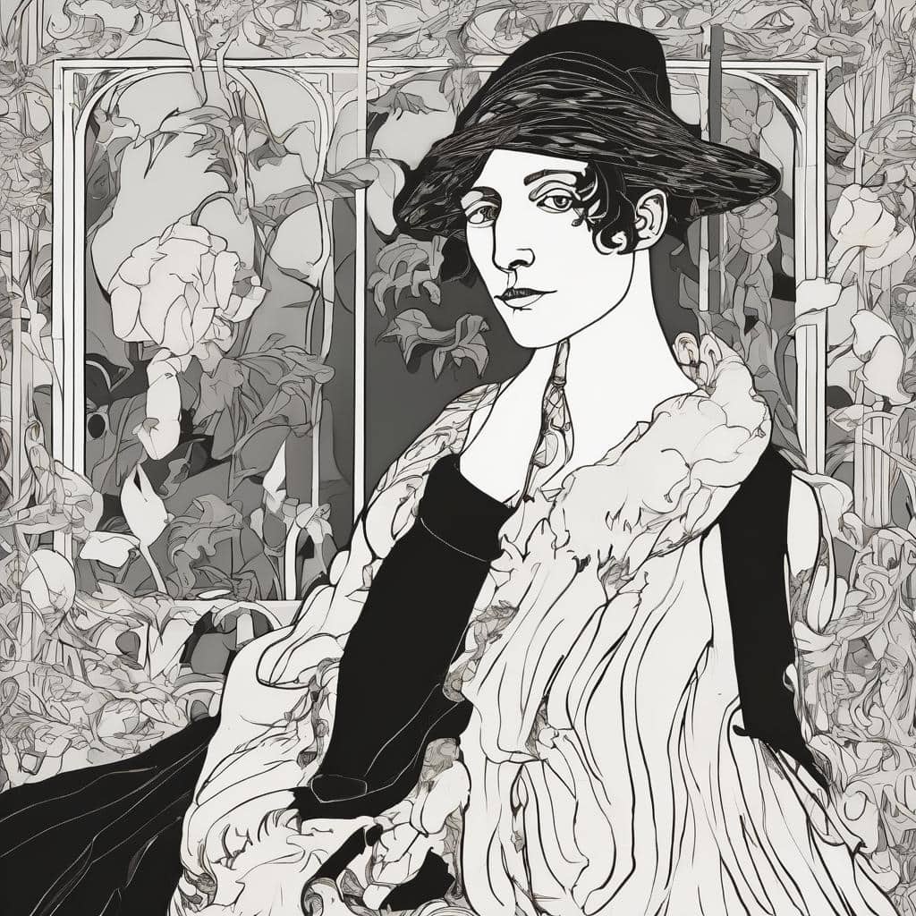 Λιγότερο χρωματιστές εικόνες, πορτρέτο γυναίκας με καπέλο σε φυτεία λουλουδιών, τέχνη και σιωπή, εικαστική έκφραση, αρμονία μεταξύ φύσης και ανθρώπινης παρουσίας, δημιουργία με έμφαση στη λεπτομέρεια και τη γραμμική υφή.