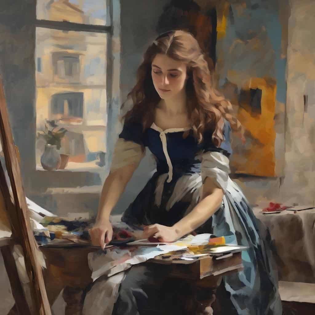 Ζευγάρι γυναίκας ζωγράφος σε εσωτερικό χώρο, δημιουργώντας τέχνη και εκφράζοντας σιωπή μέσω εικαστικού στοιχείου σε μια φωτογραφία με έμφαση στην τέχνη και την ζωγραφική.