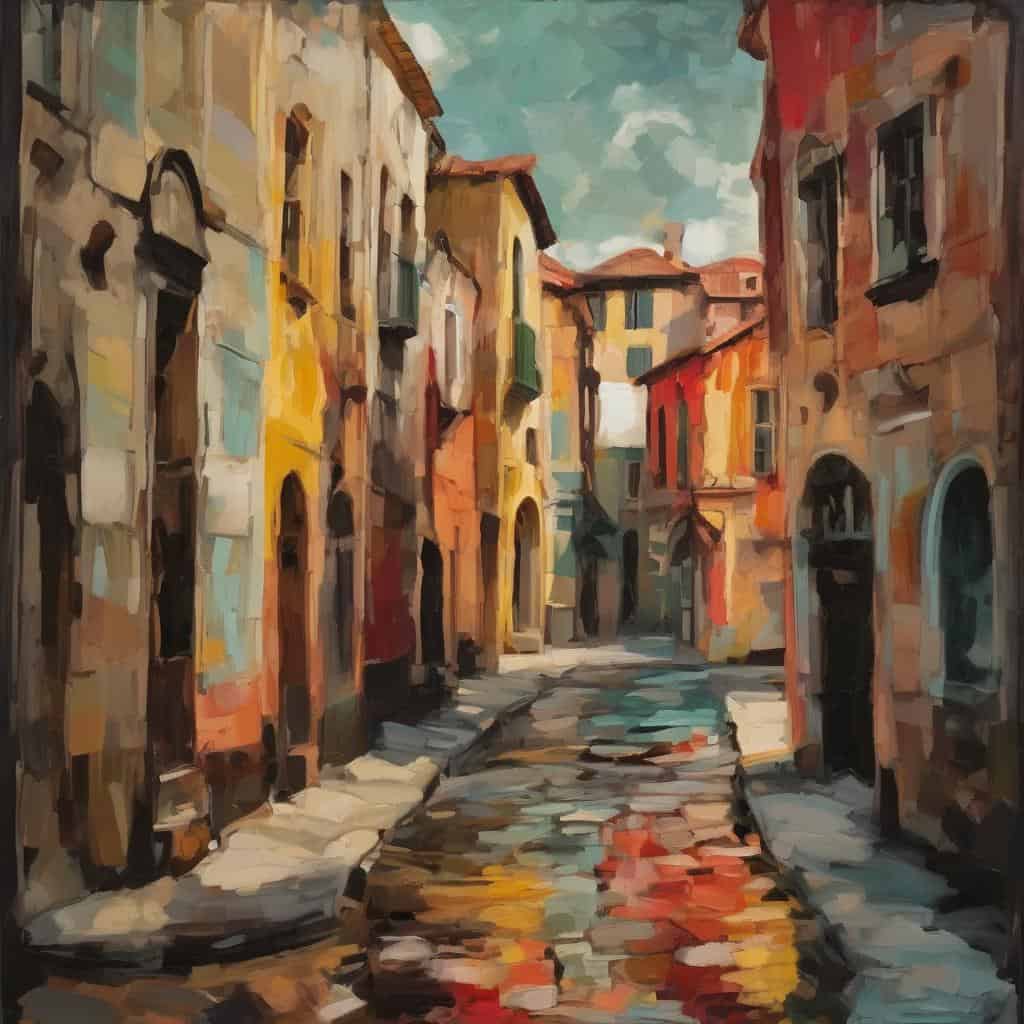 μια γαλλική μικρή πόλη με πολύχρωμα παλιά κτίρια και πρόσοψεις, μια γέφυρα από πέτρα που διασχίζει ένα ήσυχο κανάλι, ελαιογραφία δρόμου που εκφράζει τη σιωπή ως εικαστικό στοιχείο.