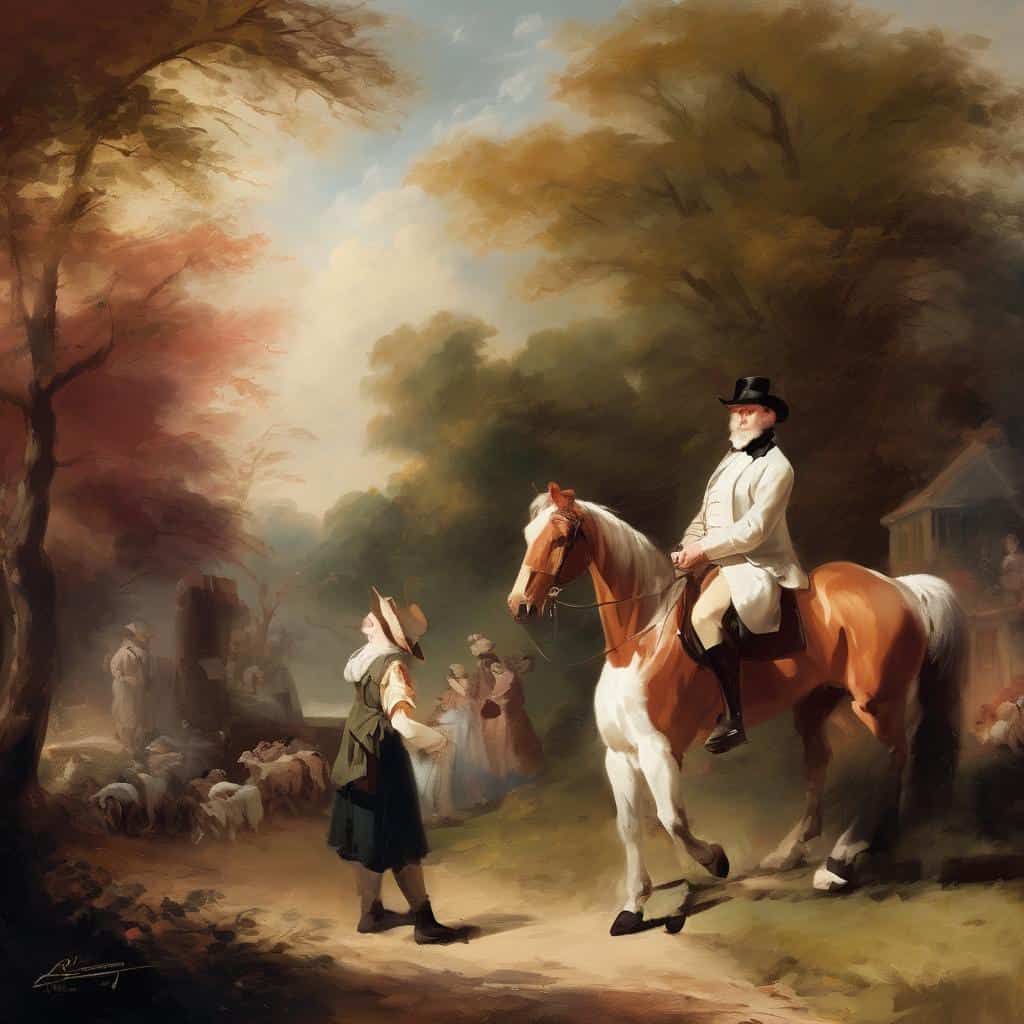 Μεγάλης ομορφιάς πίνακας με έναν άνδρα σε αλογόσαυρο, σε μια ήρεμη σκηνή υπαίθρου με ανθρώπους και πρόβατα, αναδεικνύοντας την σιωπή ως εικαστικό στοιχείο, δημιουργώντας αίσθηση ηρεμίας και διαλογισμού.