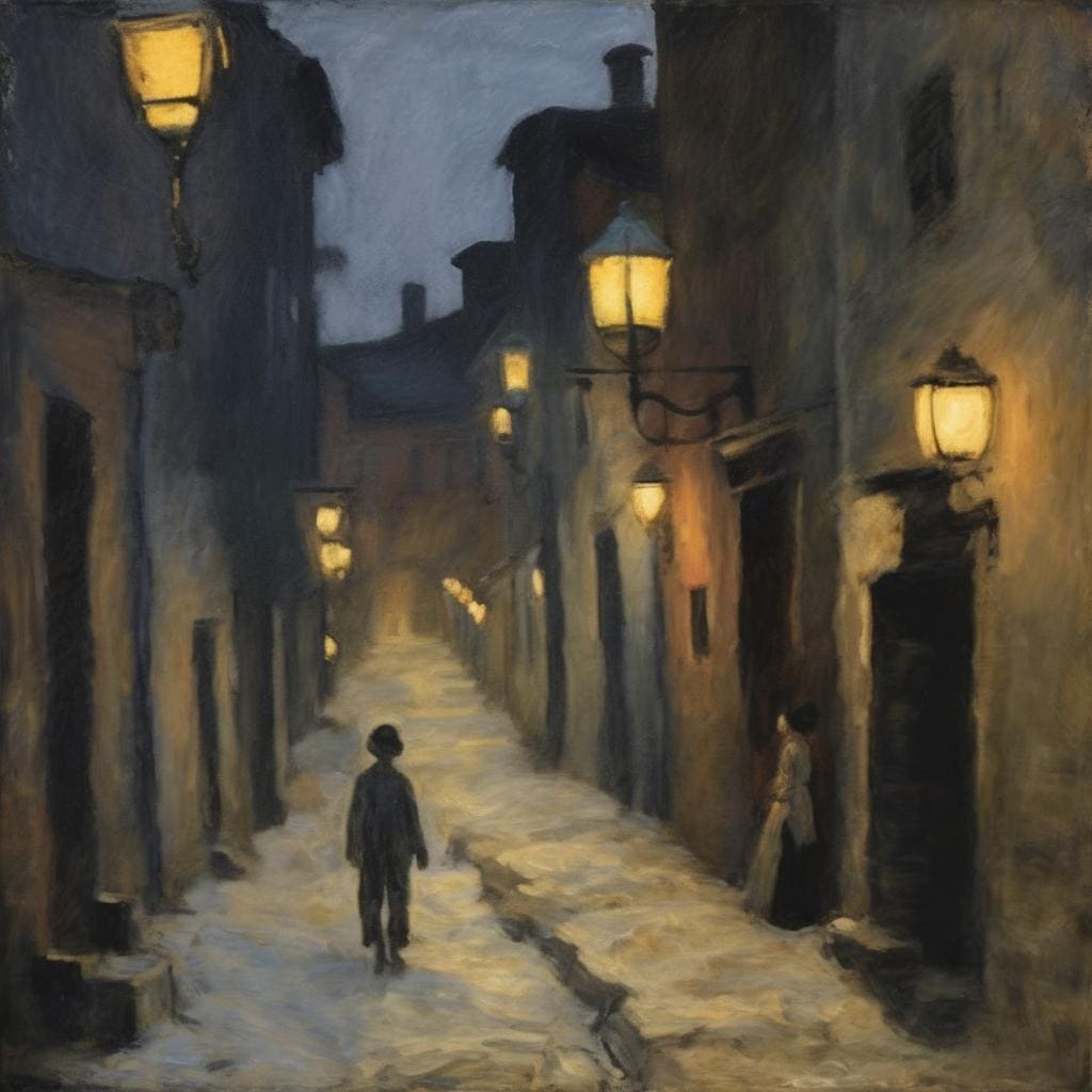 Μονόχρωο εικαστικό έργο με σιωπή, νυχτερινό σκηνικό σε στενό δρομάκι με φώτα δρόμου, μυστηριώδη ατμόσφαιρα, έντονη δύναμη της σιωπής, εκφραστικότητα και εικαστικό στοιχείο της σιωπής στο έργο τέχνης.