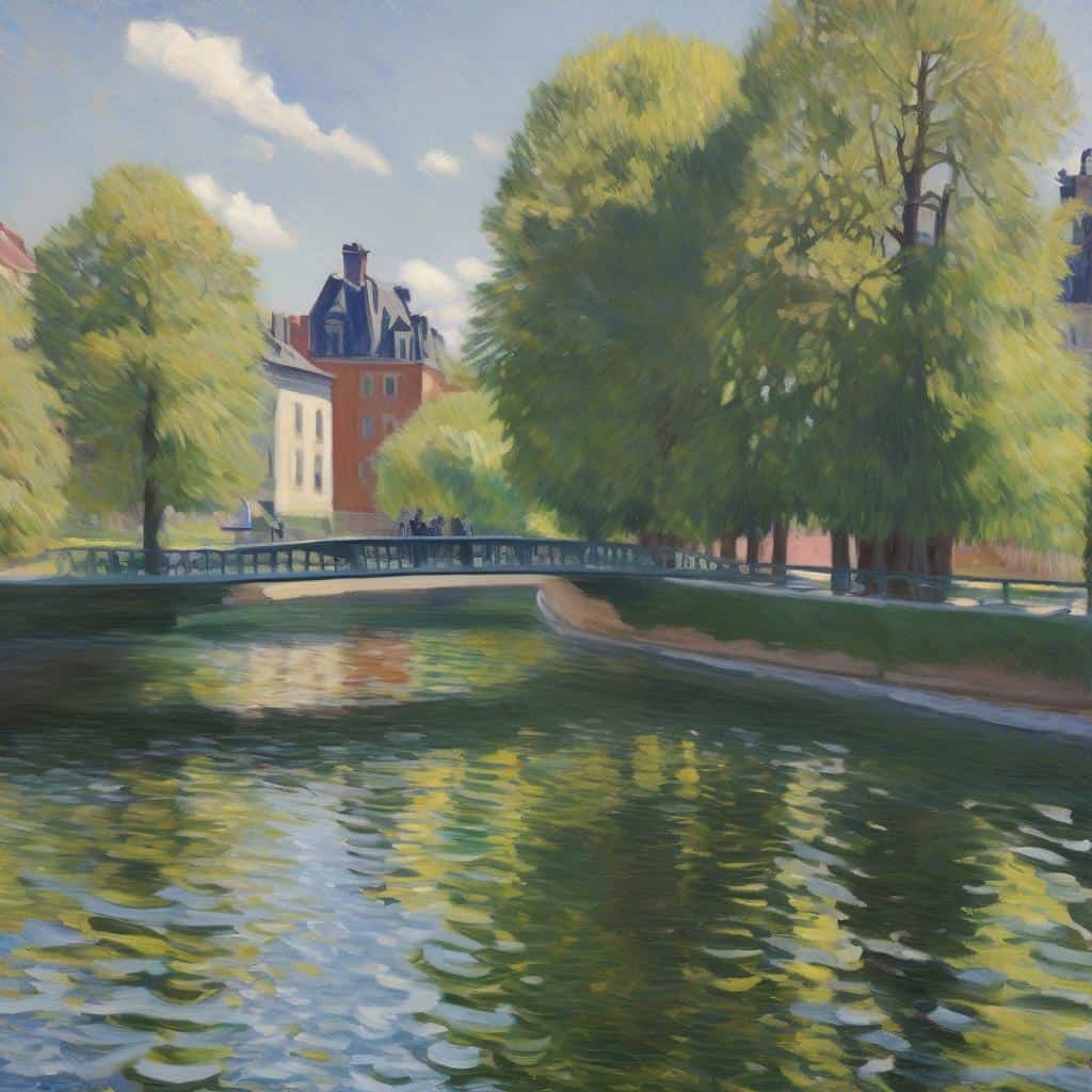 Ζωγραφική με εστίαση στη σιωπή και την ηρεμία, απεικονίζει ήσυχο περιβάλλον με πράσινα δέντρα και ήρεμο ποτάμι, αναδεικνύοντας το εικαστικό στοιχείο της σιωπής.