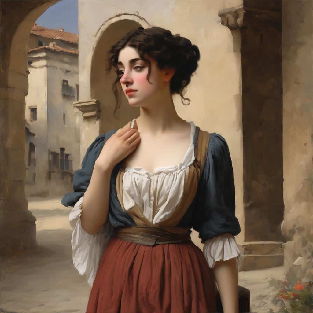 Ομορφη γυναίκα σε σκηνή ιστορικού τοπίου με αρχιτεκτονική μεσαιωνικών κτηρίων, η σιωπή και η εικαστική έκφραση αντικατοπτρίζουν την τέχνη και την ατμόσφαιρα της εποχής.